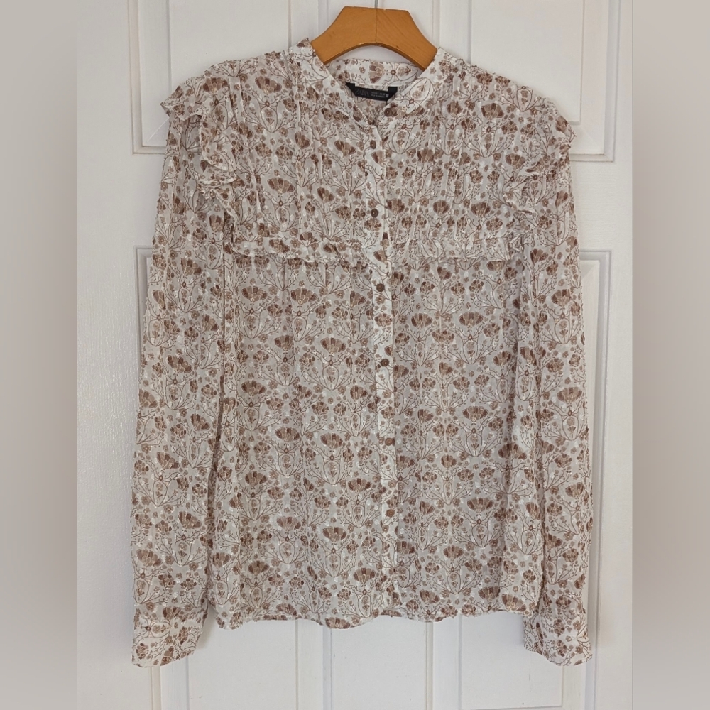 ZARA Brown and Cream Long Sleeve Floral Top